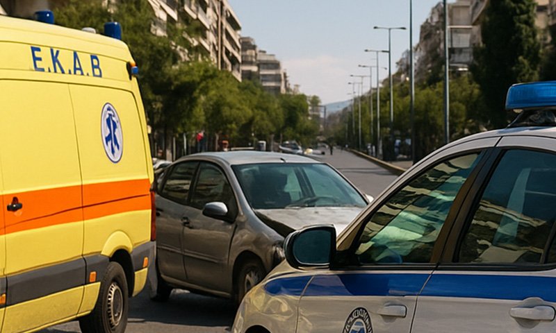 ασθενοφόρο και περιπολικό συνδράμουν σε τροχαίο ατύχημα